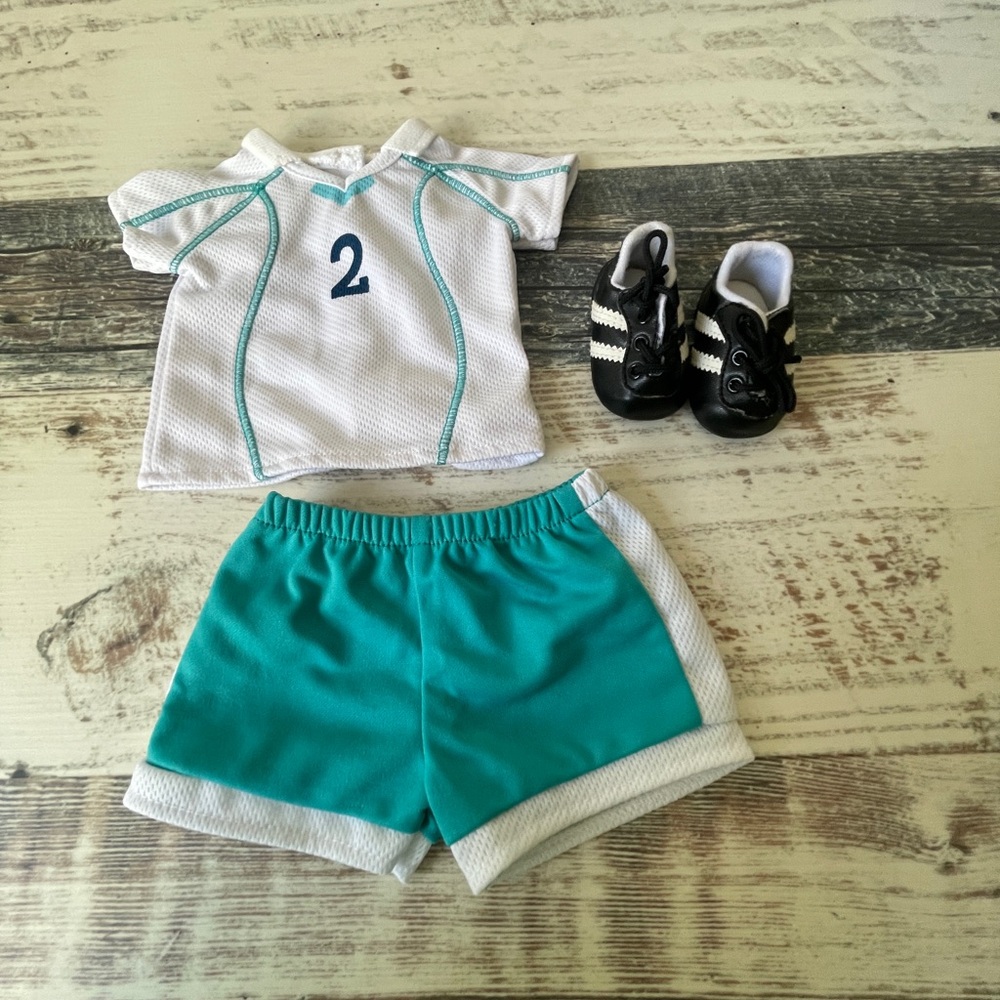 American Girl Doll Just Like You 2 in 1 Soccer Outfit Top Shorts Shoes Only 2006